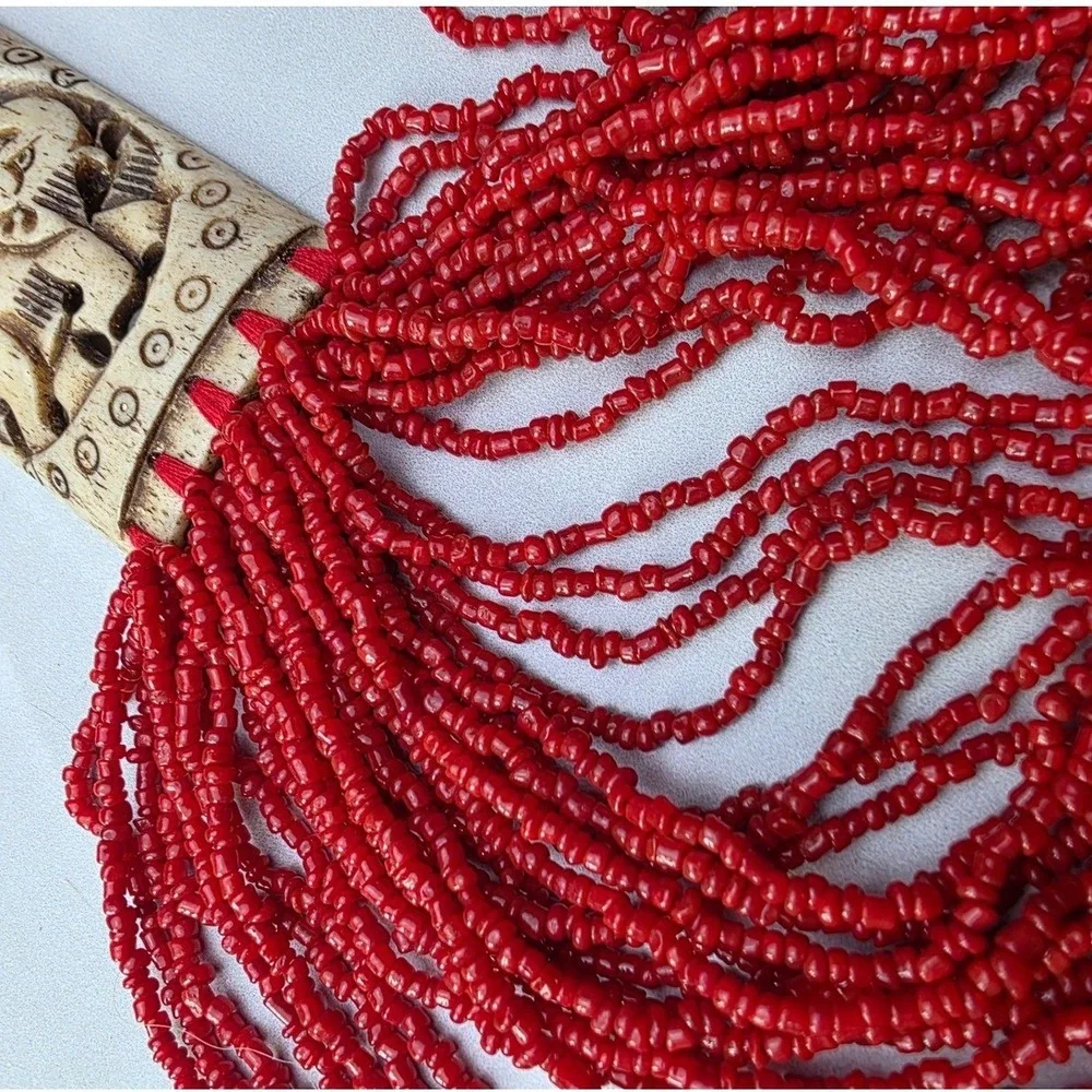 Vintage‎ Red Multi Strand Seed Bead Elephant Carved Statement Necklace Boho